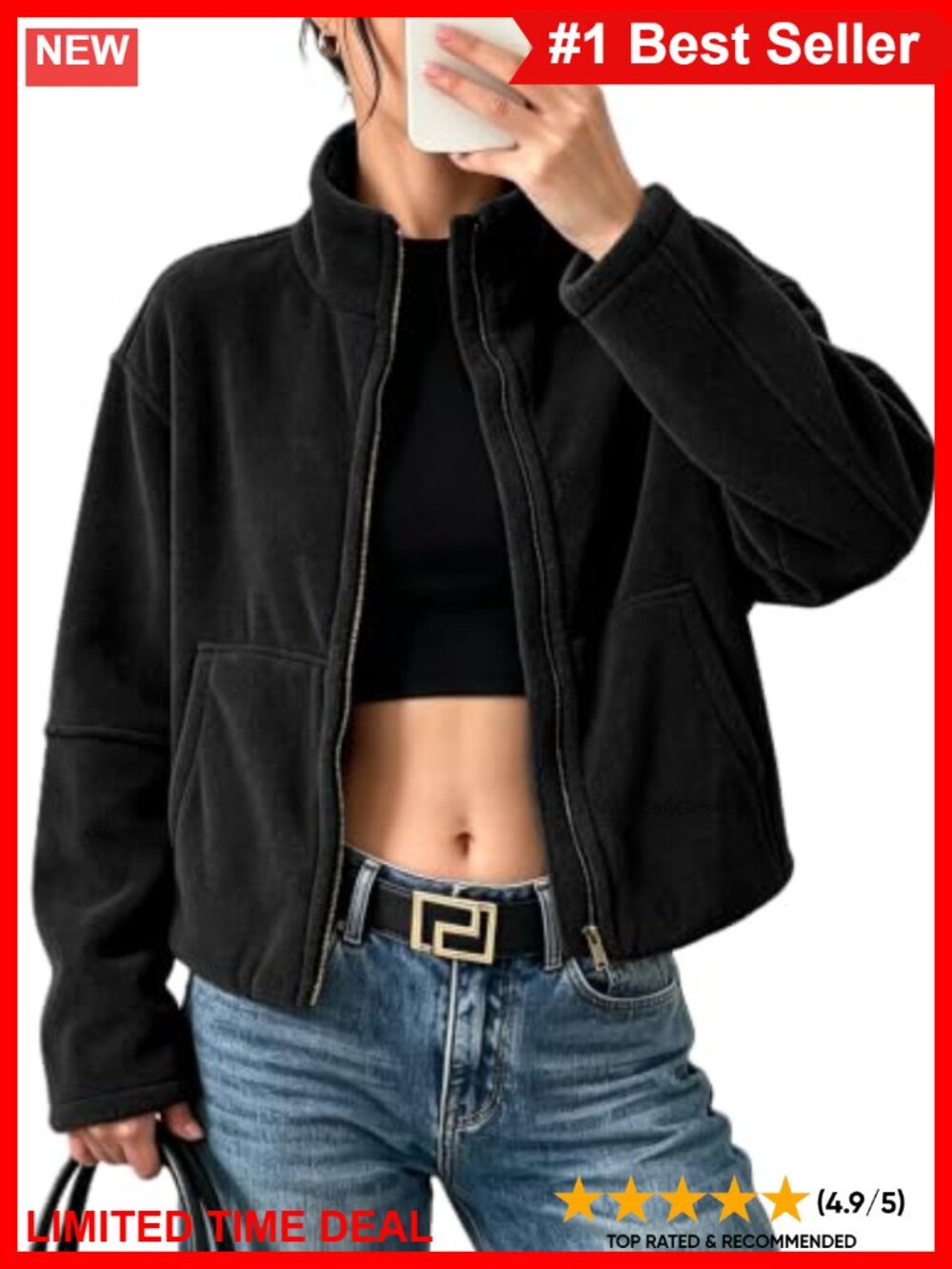Fleece Jacket Full Zip Sherpa Lined Cropped Coat Stand Collar Zip Up